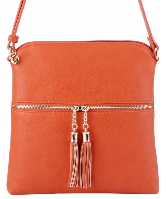 Fashion Puzzle Tassel Zip Pocket Crossbody Bag LP062 BURNT ORANGE